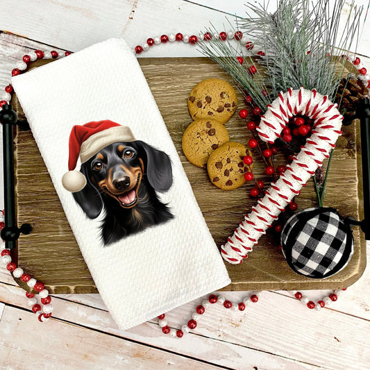 Black Dachshund Santa Hat Tea Towel