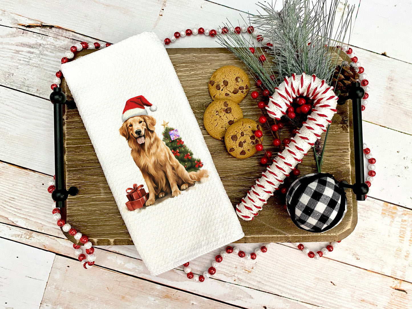 Golden Retriever Santa Hat Tea Towel