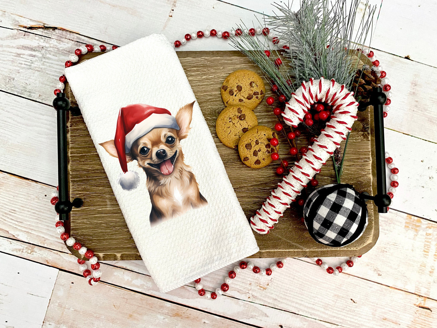 Tan Chihuahua Santa Hat Tea Towel