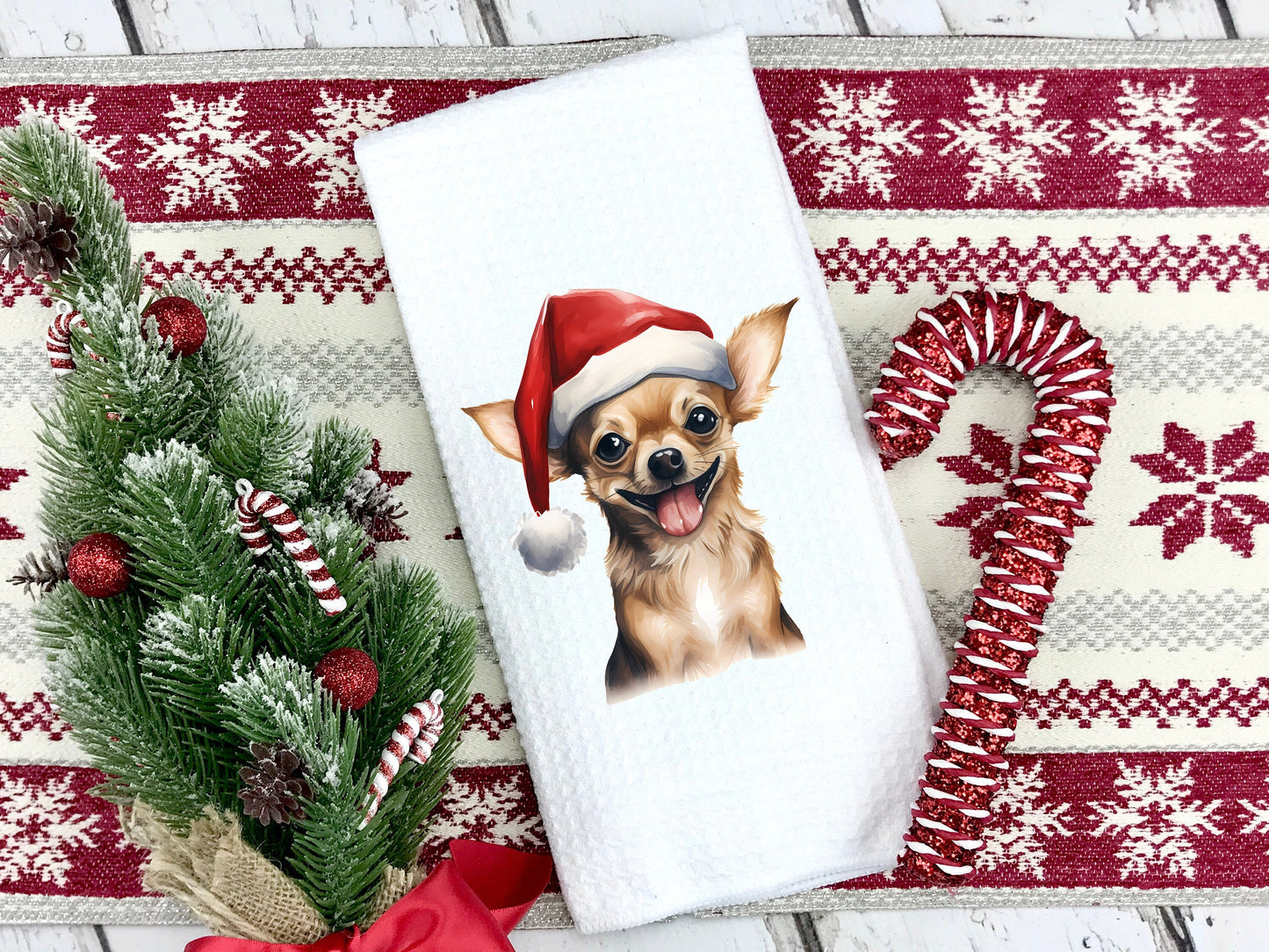 Tan Chihuahua Santa Hat Tea Towel