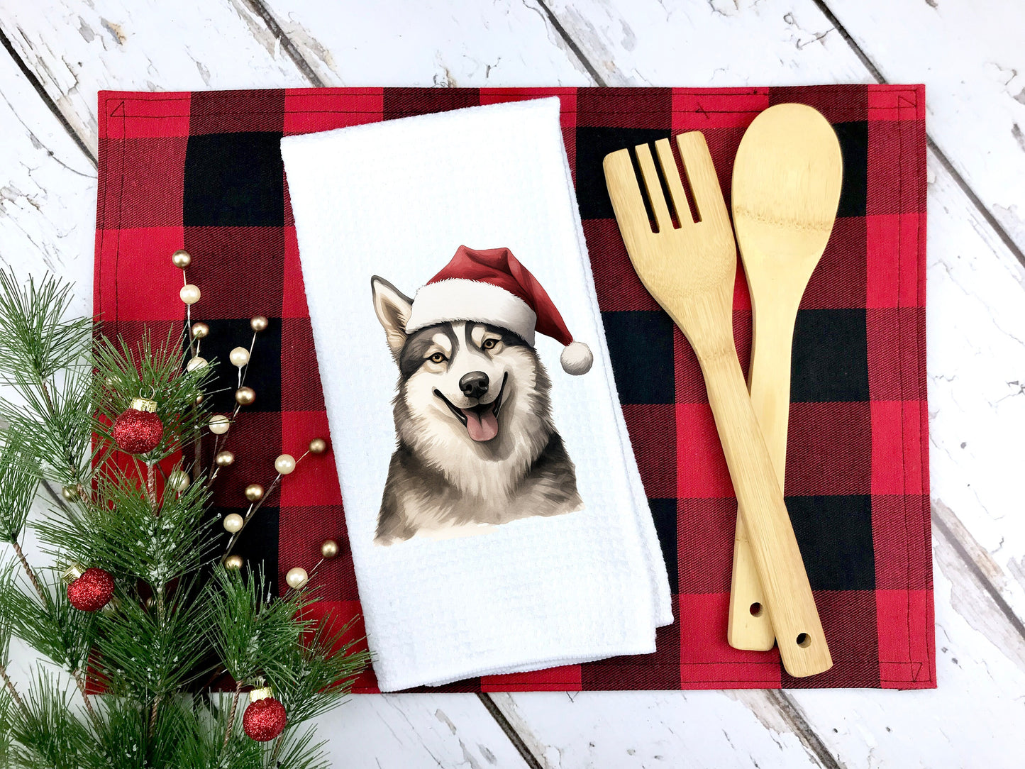 Husky Santa Hat Tea Towel