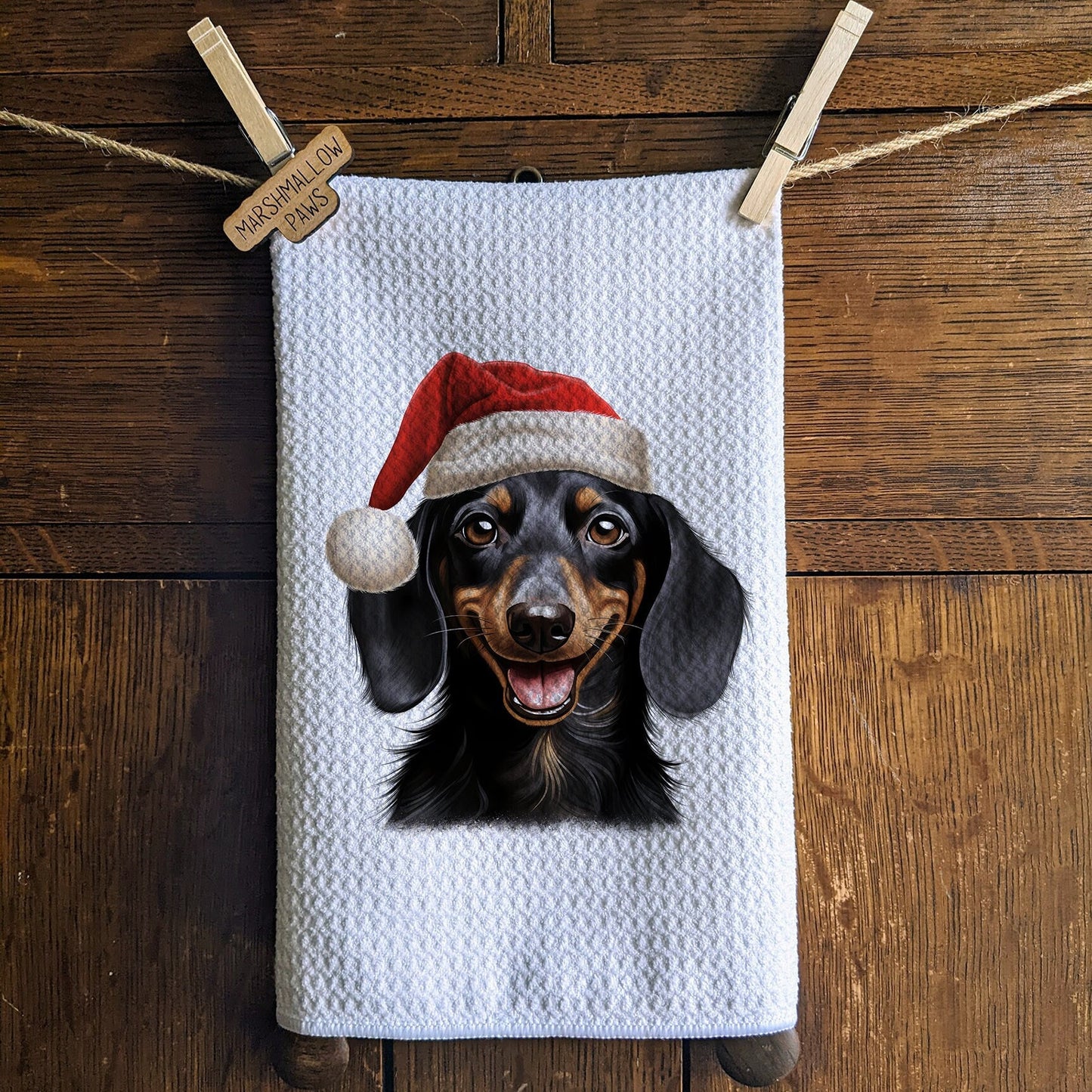 Black Dachshund Santa Hat Tea Towel