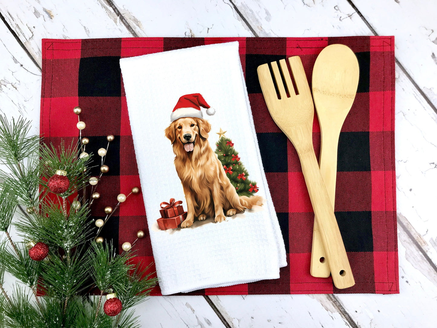 Golden Retriever Santa Hat Tea Towel