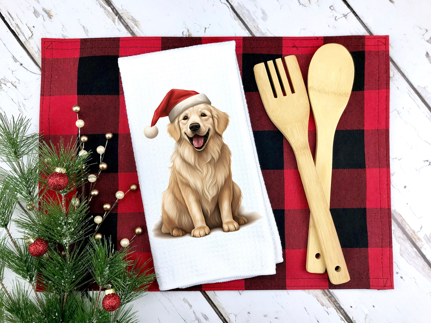 Golden Retriever Santa Hat Tea Towel