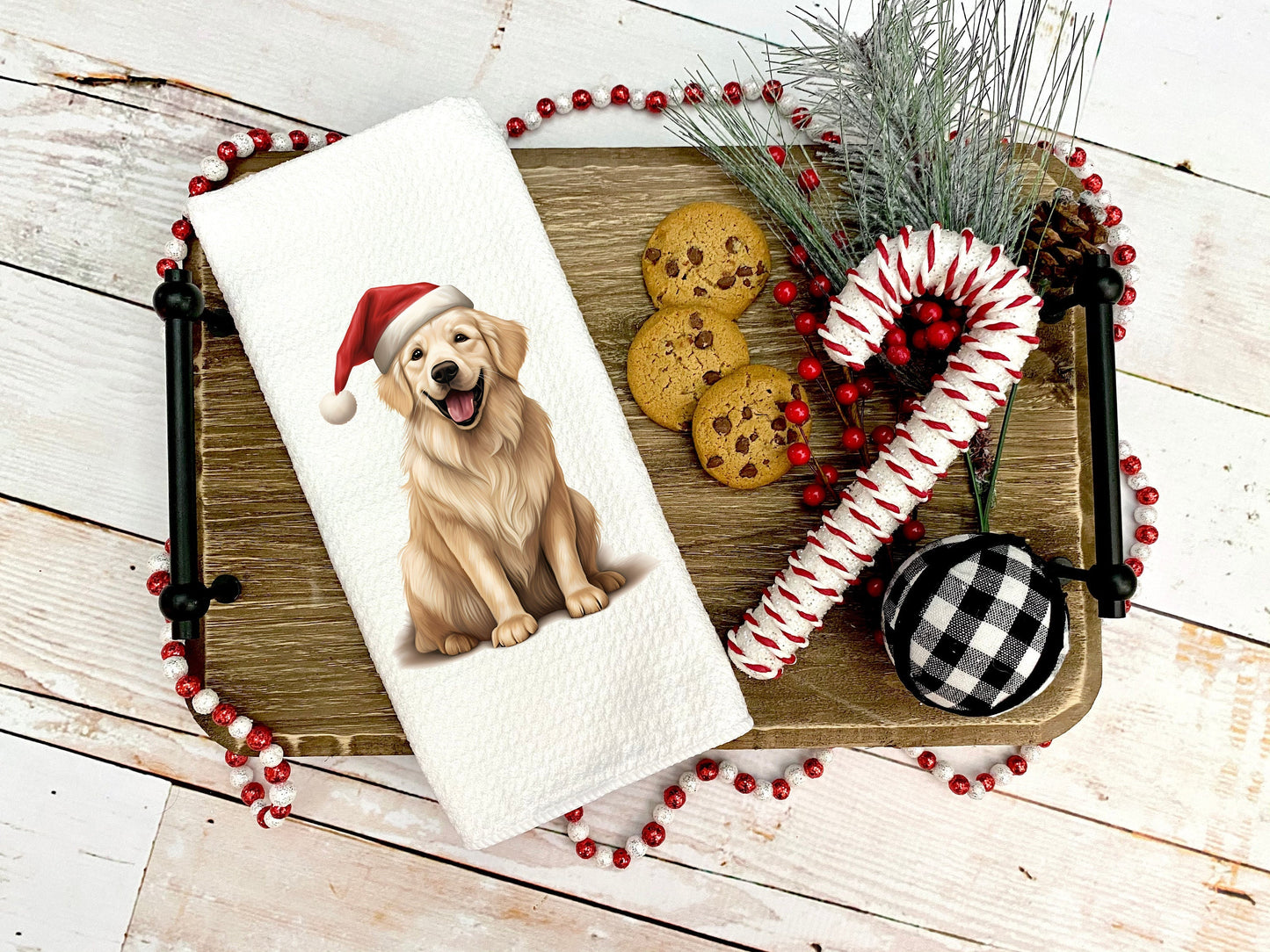 Golden Retriever Santa Hat Tea Towel