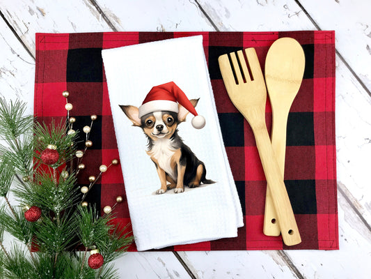 Black and Tan Chihuahua Santa Hat Tea Towel