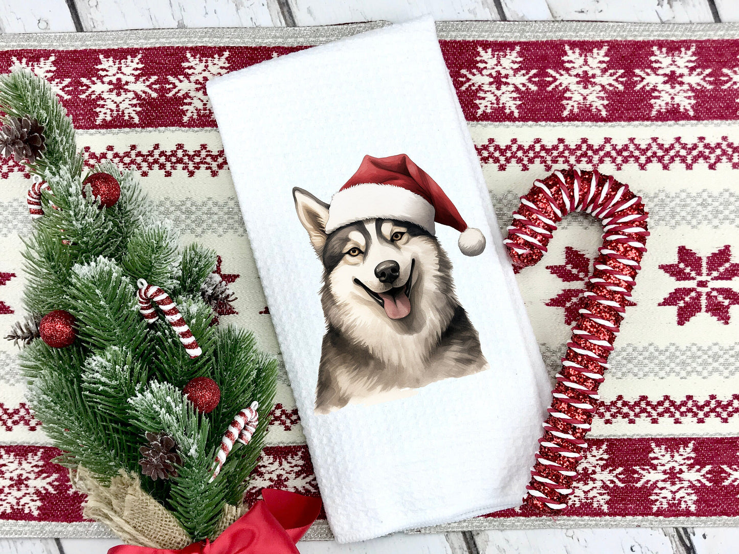 Husky Santa Hat Tea Towel