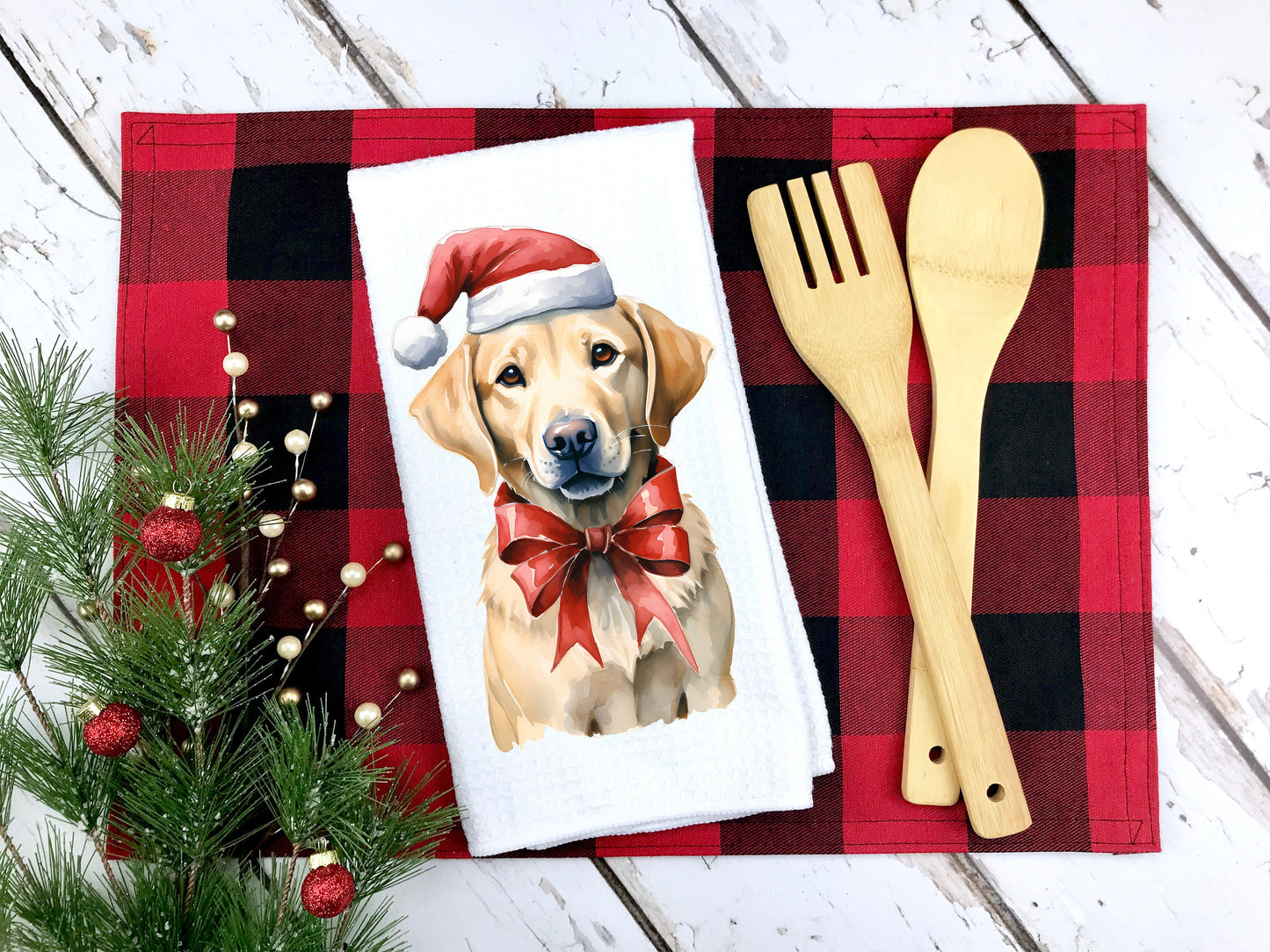 Yellow Lab Wearing a Santa Hat Christmas Towel