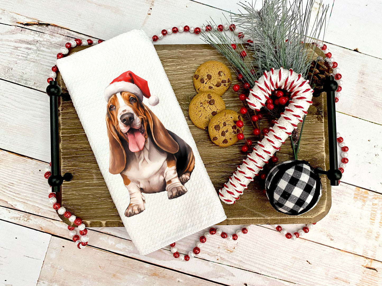 Basset Hound wearing a Santa hat on a tea towel as a Christmas gift