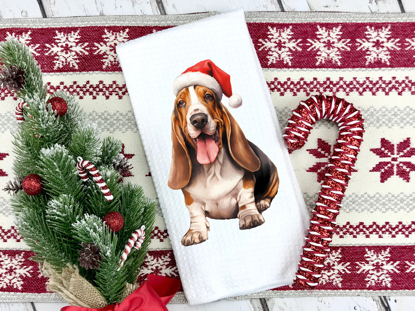 Basset Hound wearing a Santa hat on a tea towel as a Christmas gift