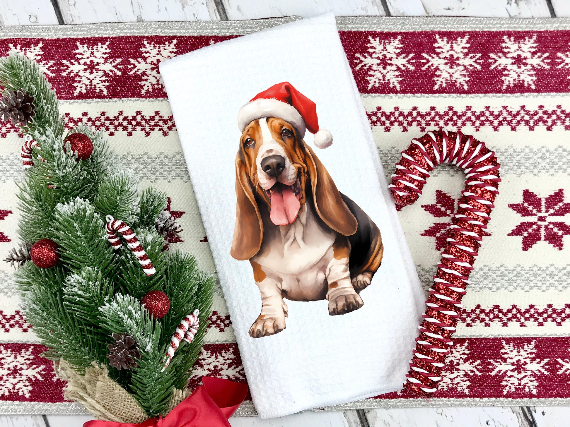 Basset Hound wearing a Santa hat on a tea towel as a Christmas gift