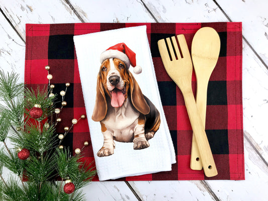 Basset Hound wearing a Santa hat on a tea towel as a Christmas gift