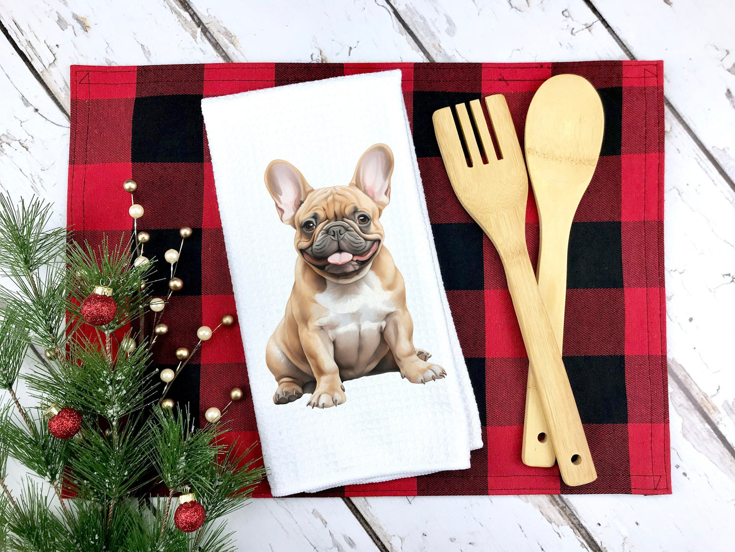 Cream french bulldog on a tea towel for a birthday or christmas gift