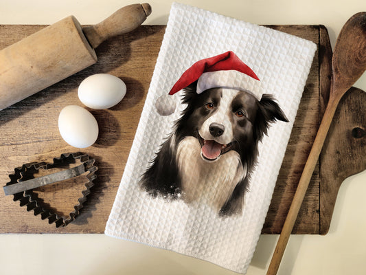 Border Collie Santa Hat Tea Towel