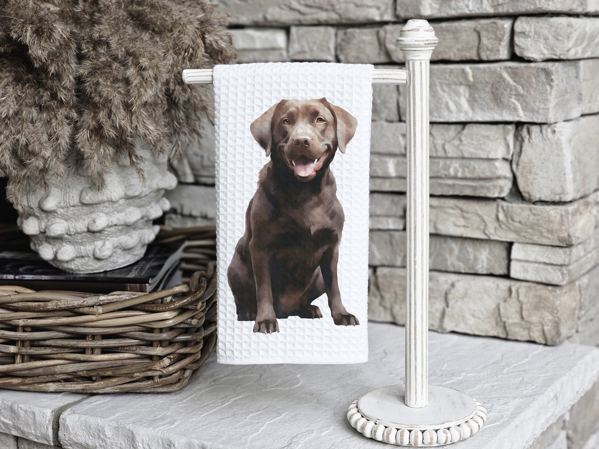 Chocolate lab on a kitchen tea towel as a gift.