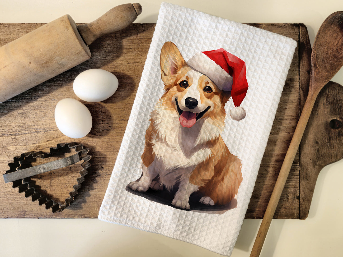 Corgi Santa Hat Tea Towel