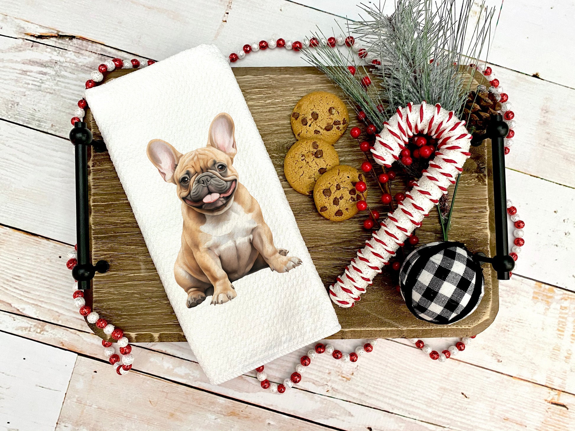 Cream french bulldog on a tea towel for a birthday or christmas gift