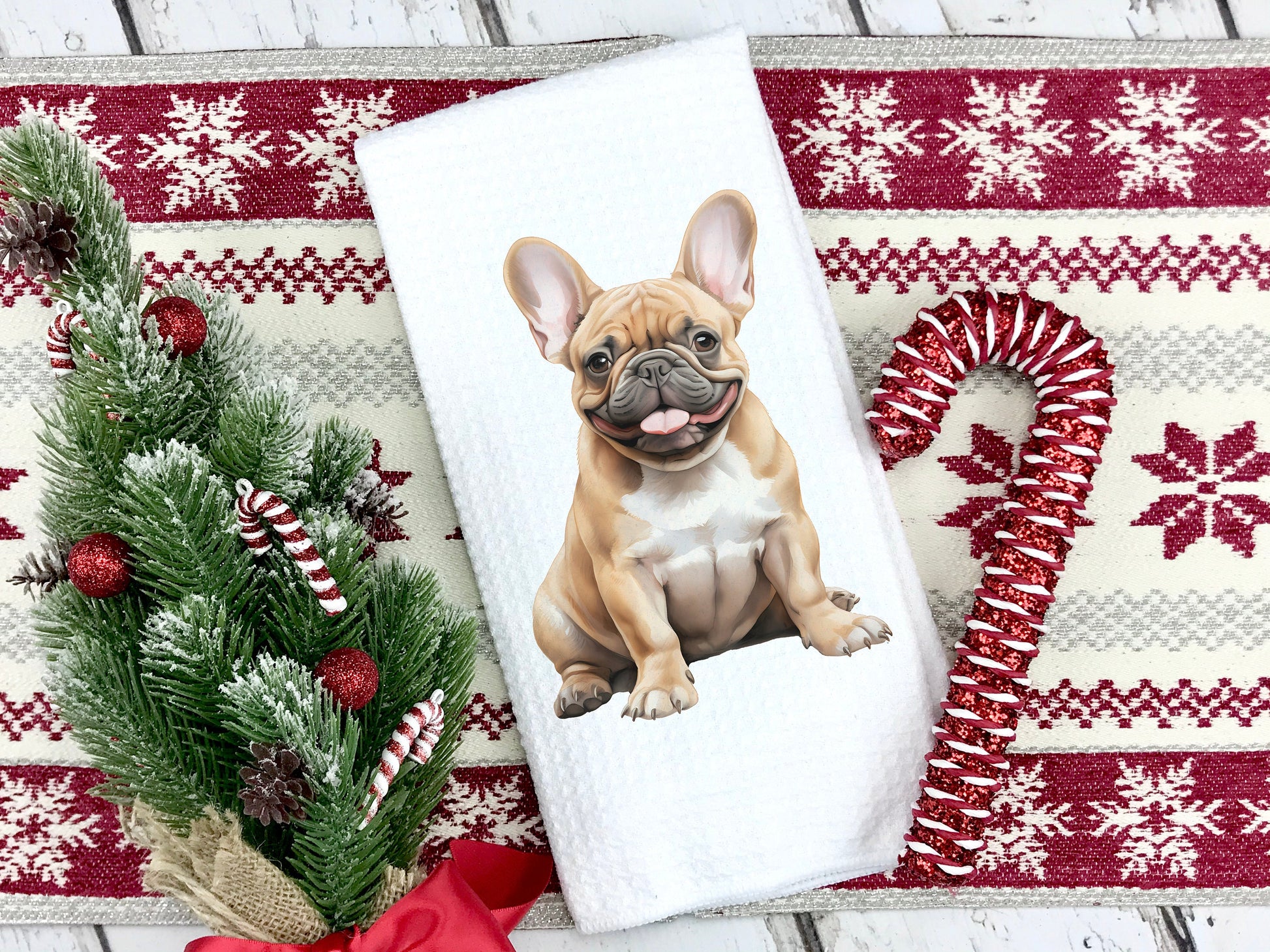 Cream french bulldog on a tea towel for a birthday or christmas gift