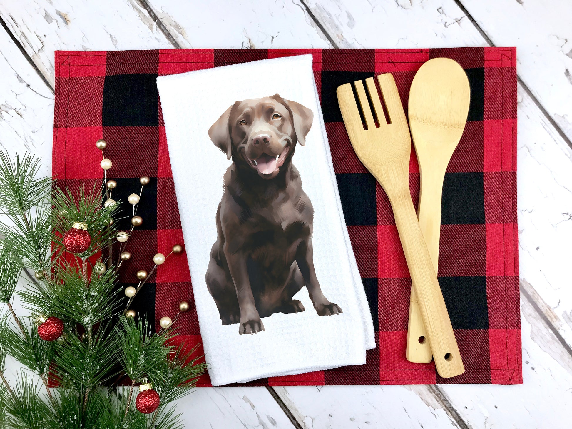 Chocolate lab on a kitchen tea towel as a gift.