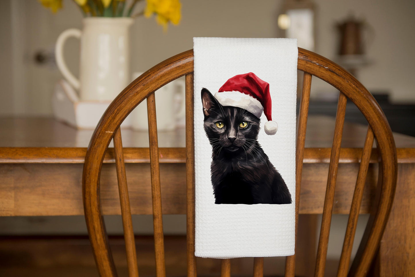 Black Cat Santa Hat Tea Towel