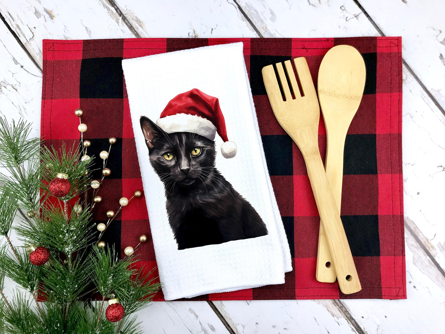 Black Cat Santa Hat Tea Towel