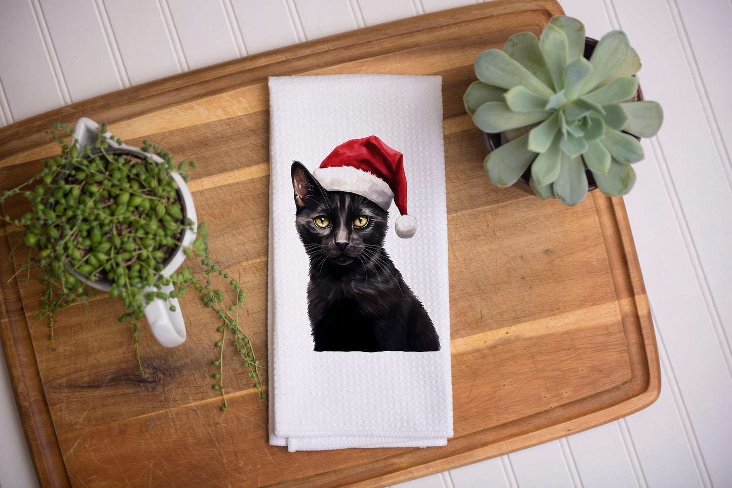 Black Cat Santa Hat Tea Towel