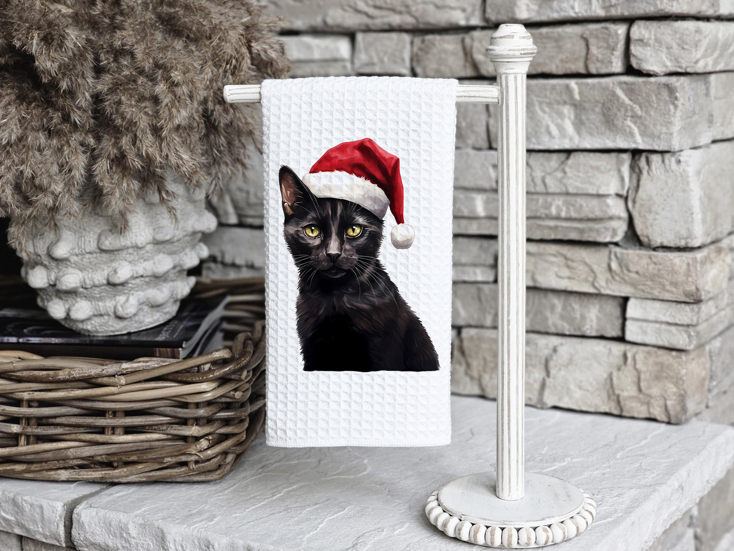 Black Cat Santa Hat Tea Towel