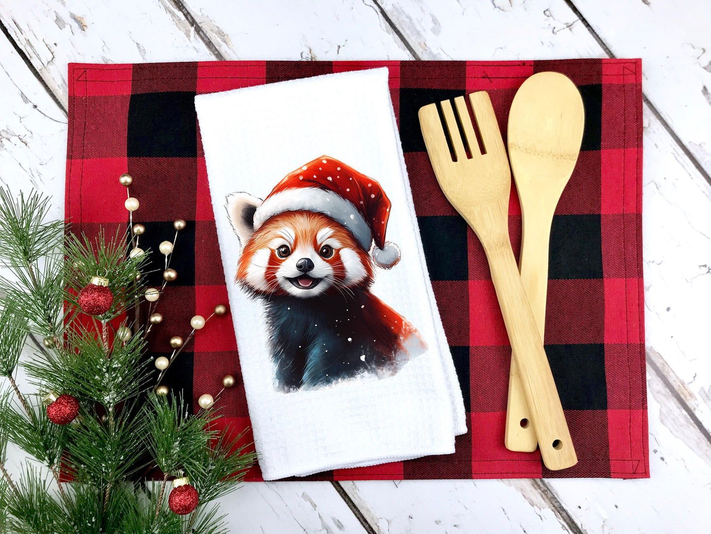 Christmas Red Panda Kitchen Towel | Tea Towel | Red Panda Towel | Christmas Gift | Red Panda Lover Gift | Red Panda Stocking Stuffer