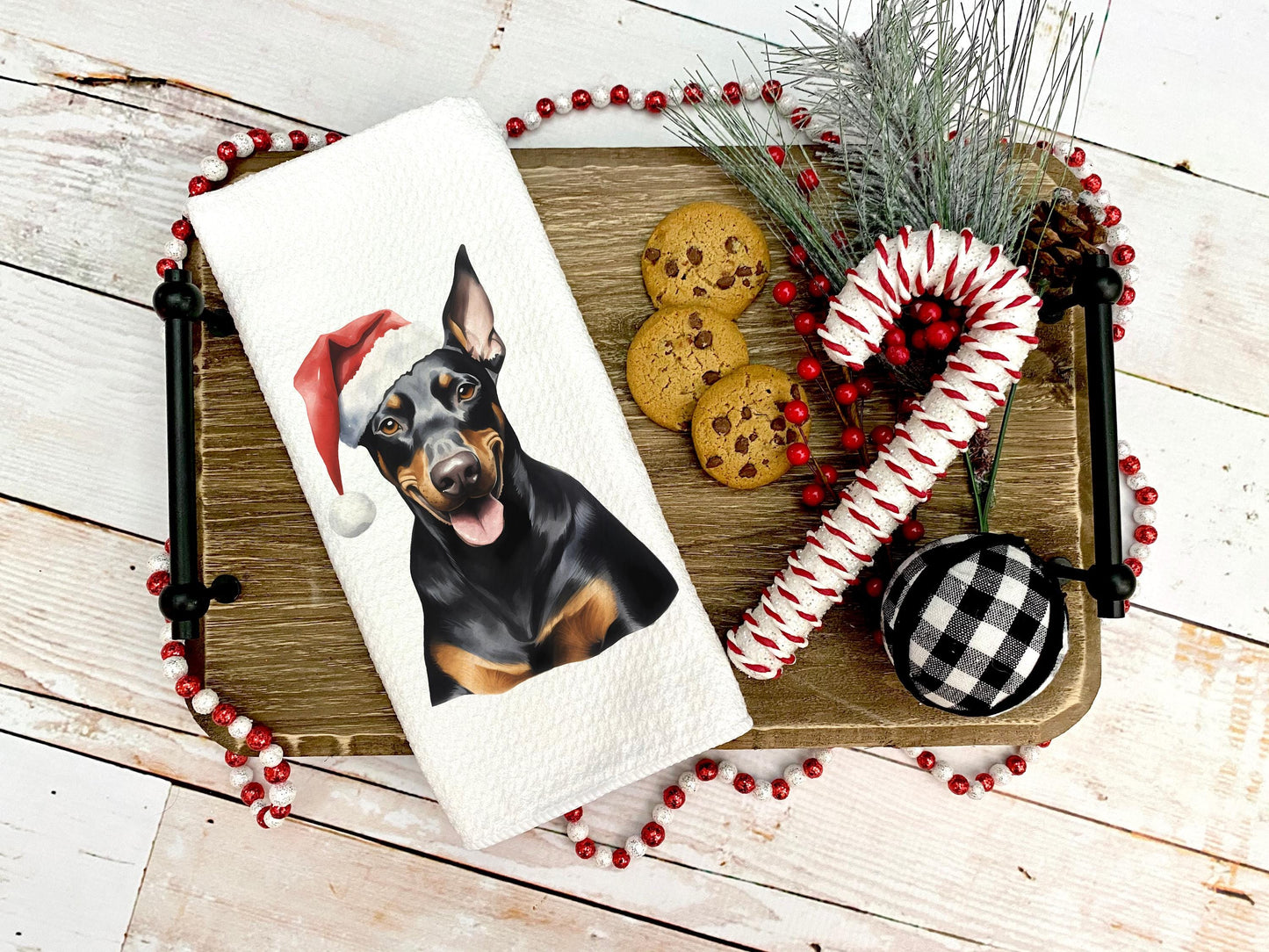 Doberman Santa Hat Tea Towel