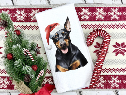 Doberman Santa Hat Tea Towel